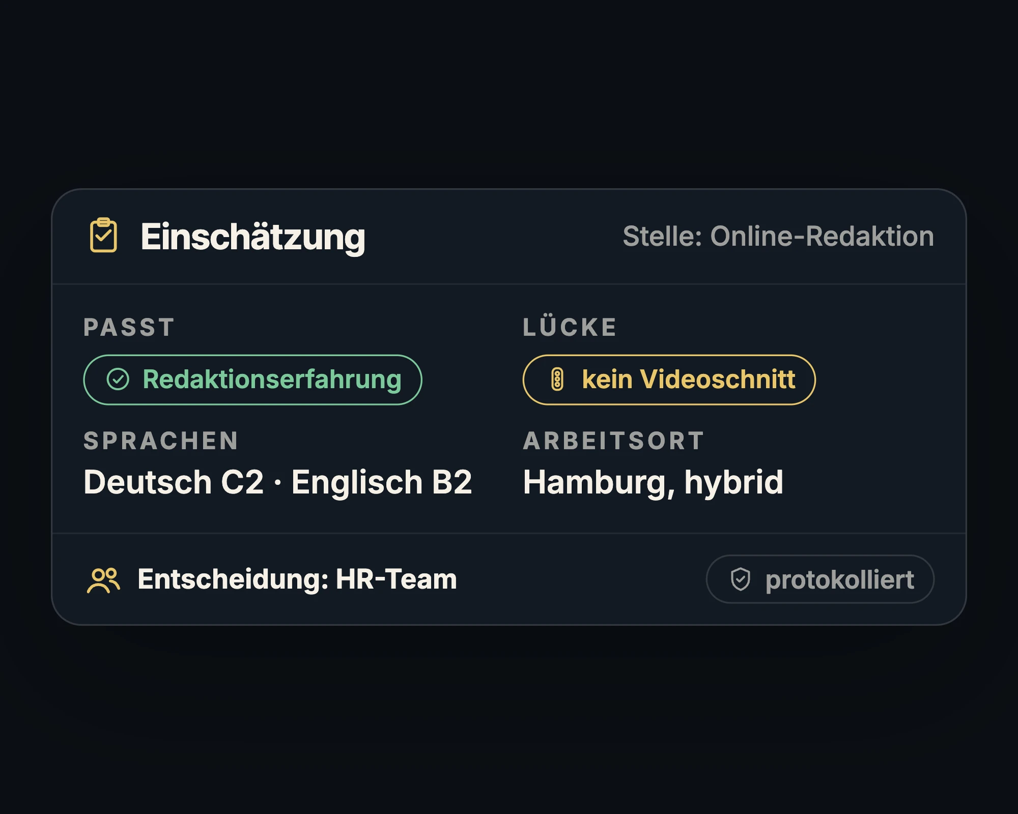 Einschätzung einer Bewerbung: was zur Stelle passt, Lücke, Sprachen und Arbeitsort; Entscheidung beim HR-Team, protokolliert