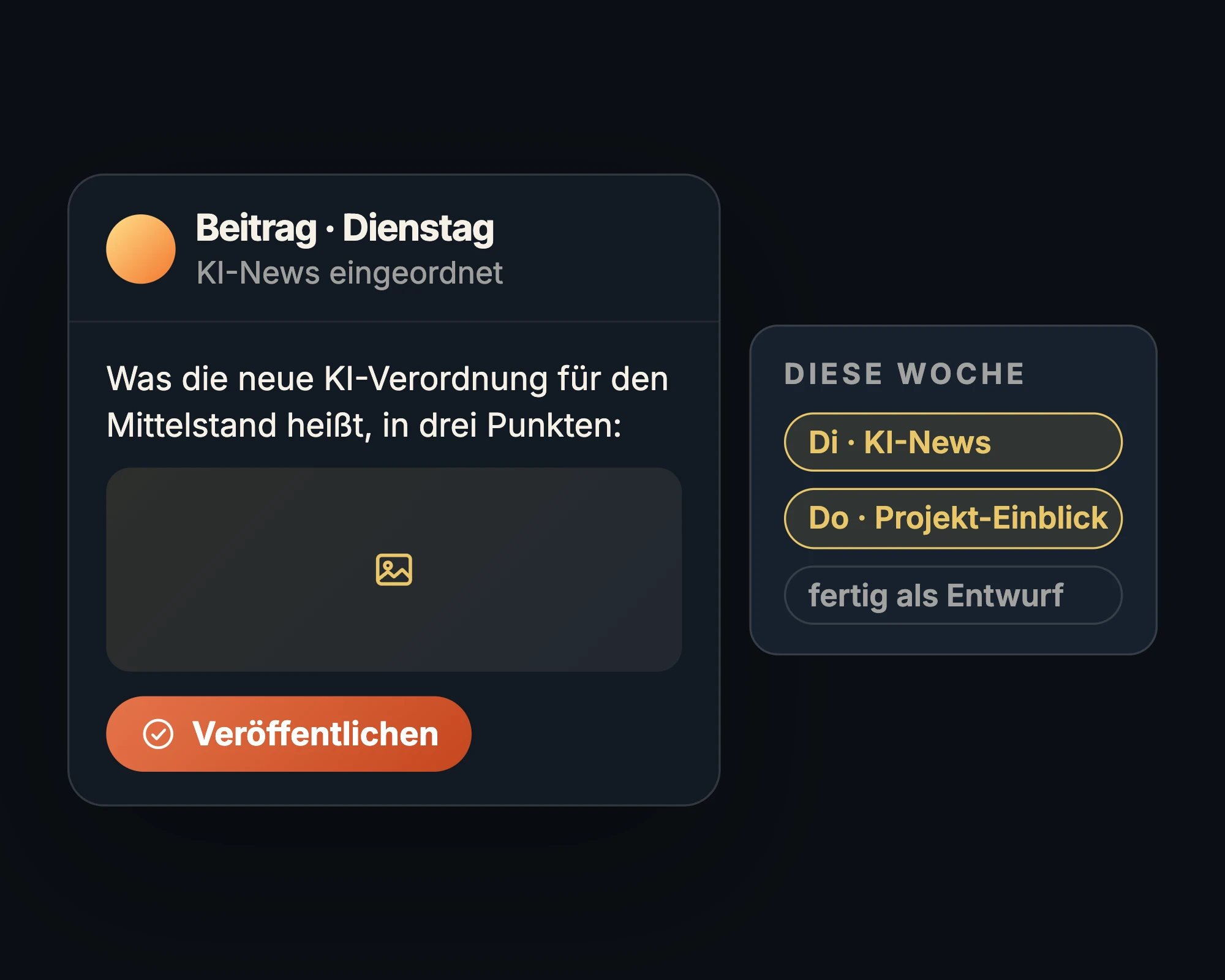 LinkedIn-Beitrag als Entwurf für Dienstag mit Bild und Knopf zum Veröffentlichen, daneben die Woche: Dienstag KI-News, Donnerstag Projekt-Einblick