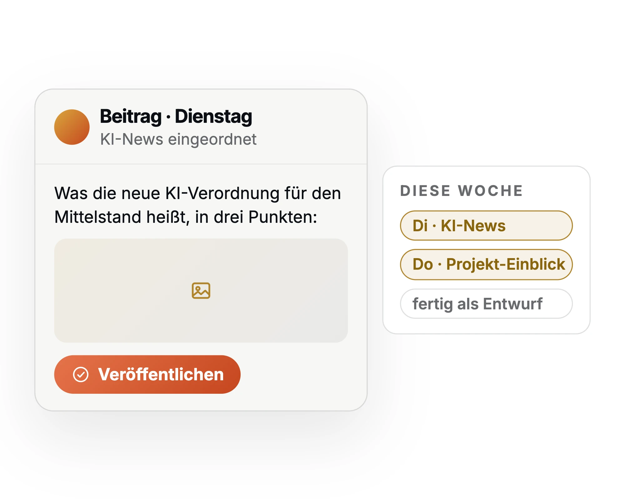 LinkedIn-Beitrag als Entwurf für Dienstag mit Bild und Knopf zum Veröffentlichen, daneben die Woche: Dienstag KI-News, Donnerstag Projekt-Einblick