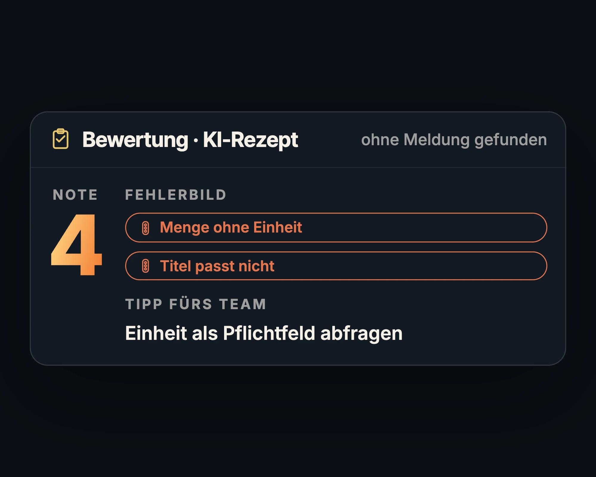 Bewertung eines KI-Rezepts mit Note, Fehlerbild „Menge ohne Einheit“ und „Titel passt nicht“ sowie einem Tipp für das Team