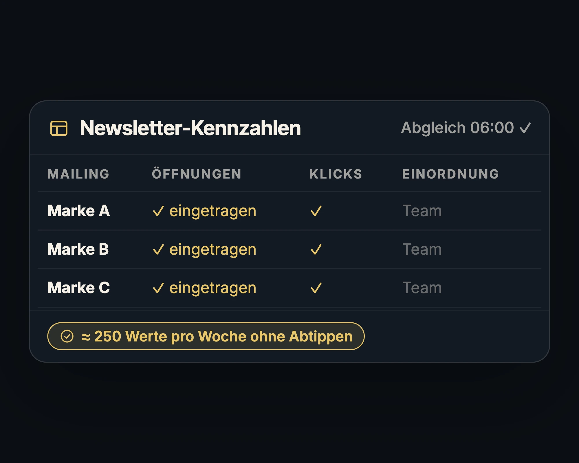 Newsletter-Kennzahlen je Marke automatisch eingetragen, Spalte für die Einordnung durch das Team, rund 250 Werte pro Woche ohne Abtippen