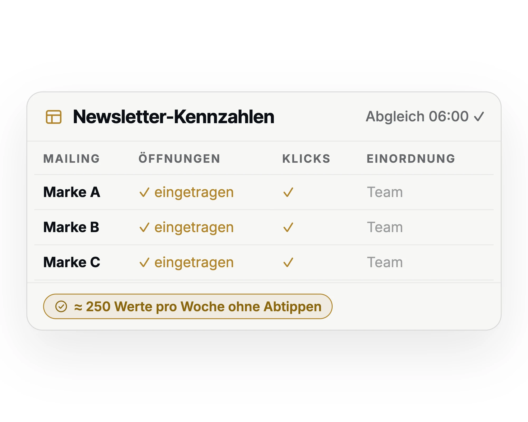 Newsletter-Kennzahlen je Marke automatisch eingetragen, Spalte für die Einordnung durch das Team, rund 250 Werte pro Woche ohne Abtippen