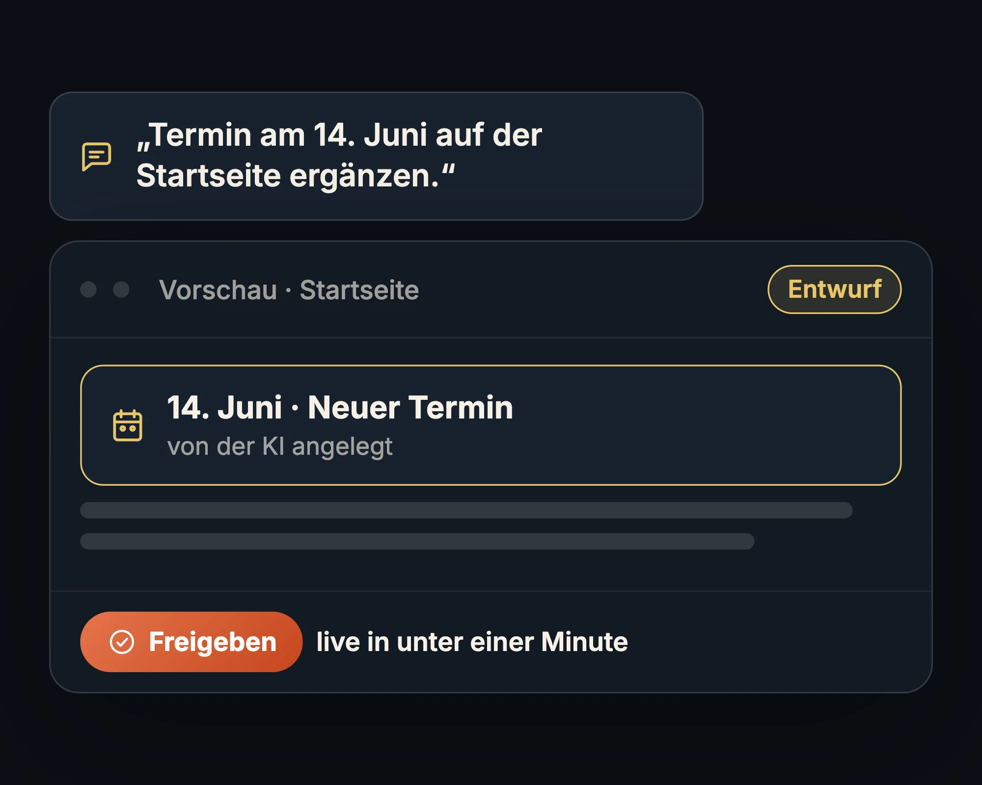 Chat-Auftrag an die KI, einen Termin zu ergänzen, daneben die Vorschau mit dem neuen Termin als Entwurf und dem Knopf zum Freigeben