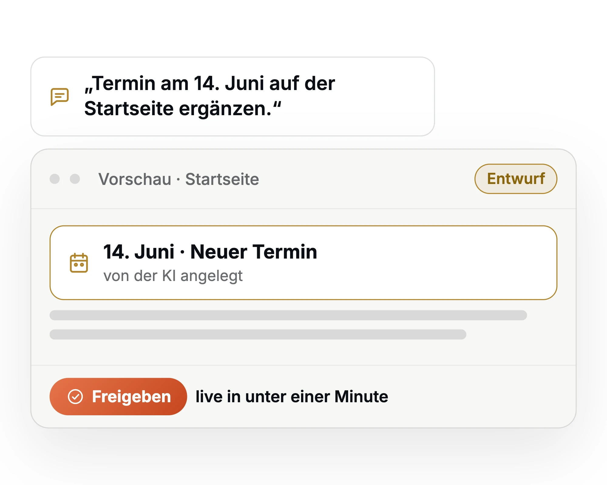 Chat-Auftrag an die KI, einen Termin zu ergänzen, daneben die Vorschau mit dem neuen Termin als Entwurf und dem Knopf zum Freigeben